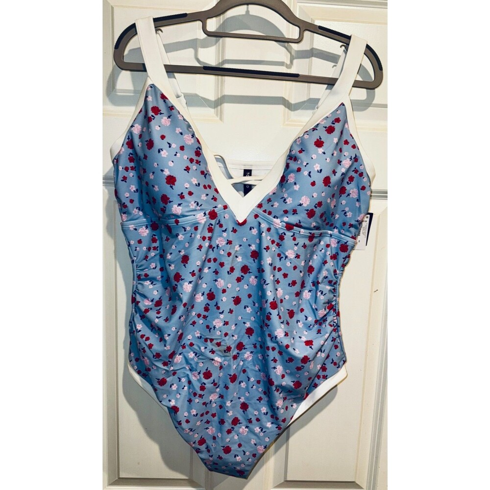 Torrid Wireless Lattice Front One Piece Slim Fix Blue Floral Size 2X